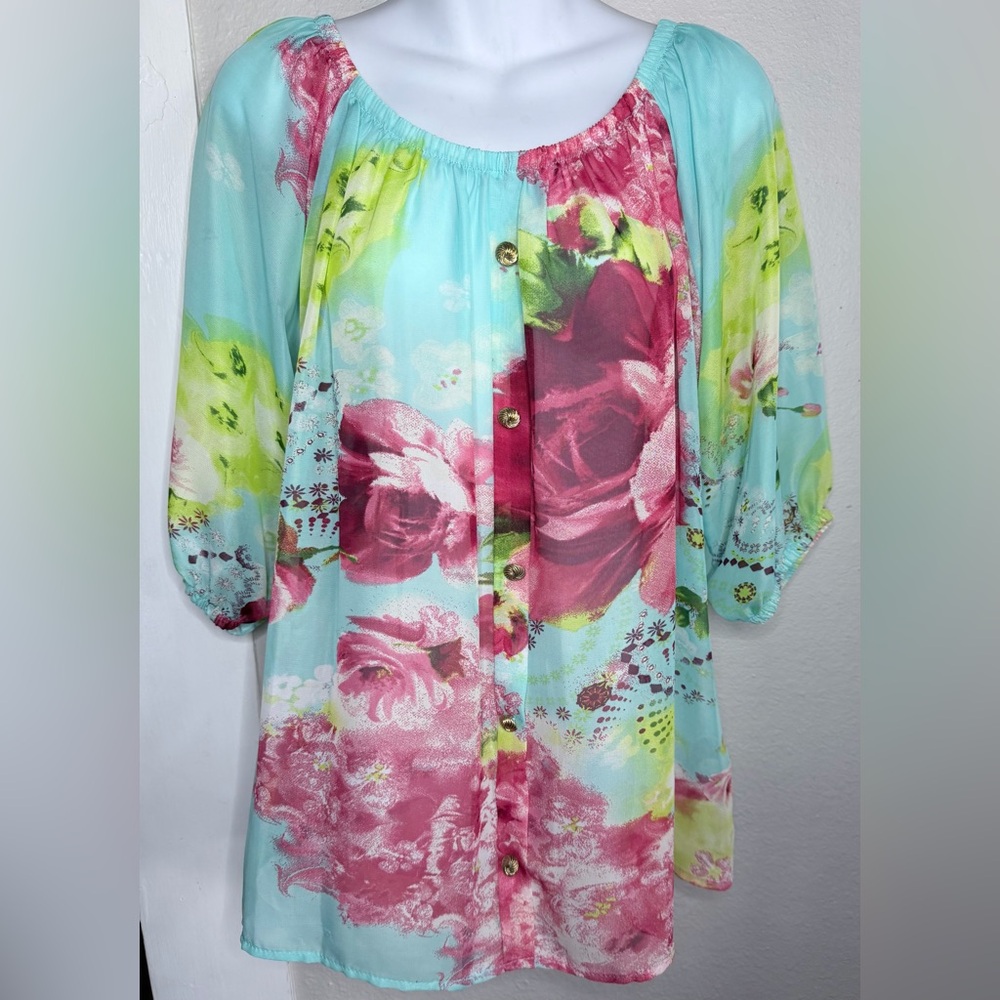 Maddie Blue Fushia Floral sheer blouse women size 1XL